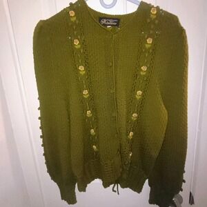 HAZIIPAR Hungarian HandKnit Sweater Green Cardigan unique Rosette